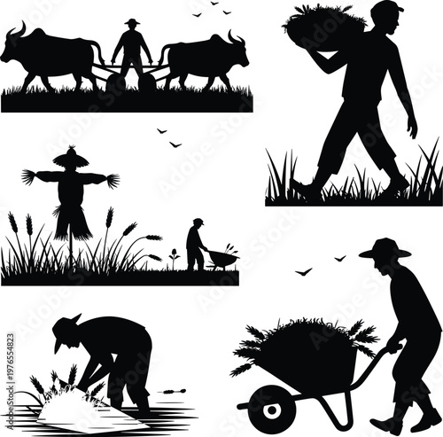 PrintTraditional farming vector illustration, agriculture silhouette artwork, rural life design, farmer plowing oxen field, harvesting crops drawing, scarecrow symbol,