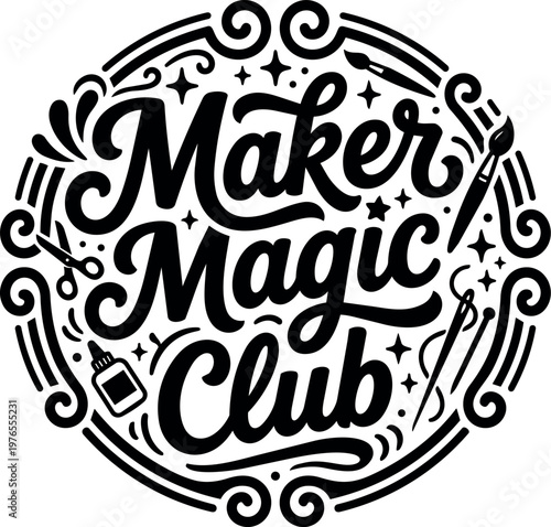 Maker magic club script lettering with scissors paintbrush and glue vector art