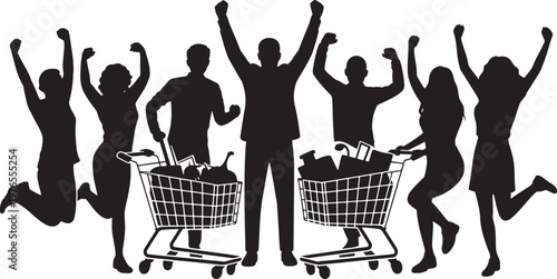 Silhouette illustration of a group of people celebrating joyfully with raised arms and shopping