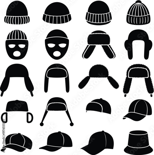 PrintHat silhouettes, headwear collection, fashion design, winter accessories, beanie outline, ski mask, trapper hat, baseball cap, bucket hat styles