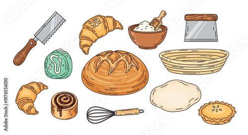 Delicious baked goods and baking tools, including bread, croissants, and pies, for culinary creativity