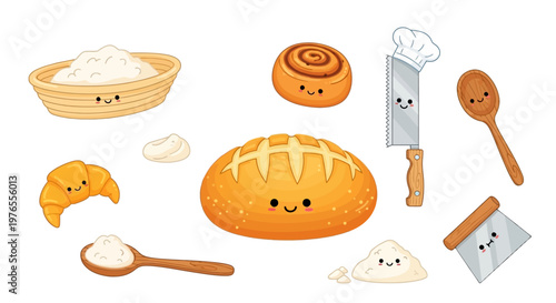 Delightful collection of freshly baked goods and charming kitchen tools with friendly cartoon faces, perfect for a cheerful baking experience