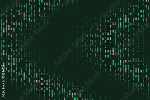 Quantum computing data stream visualization with colorful binary code on dark green background