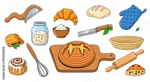 Delicious assortment of freshly baked goods, pastries, and essential kitchen tools for home baking and confectionery creation