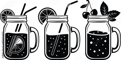 PrintMason jar drinks, citrus garnish, cherry mint, refreshing beverages, summer cocktails, fizzy soda, fruit infused water, stylish glass design