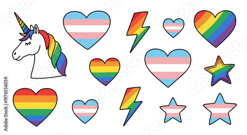 Pride symbols including a unicorn, hearts, stars, and lightning bolts in rainbow and transgender colors