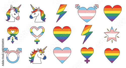 Vibrant LGBTQ+ Pride and Gender Identity Vector Symbol Collection for Diversity and Equality; Graphic Illustrations Representing Love and Acceptance in Modern Society