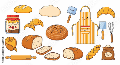Charming Bakery Collection Illustrated Breads, Pastries, and Baking Tools with Playful Characters
