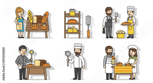 Collection of cartoon bakers and their delicious baked goods, creating a warm and inviting atmosphere