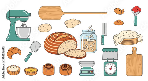 Artisanal baking essentials a delightful collection of fresh ingredients, handcrafted breads, sweet pastries, and kitchen tools with mixer and whisk