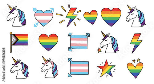 Pride celebration symbols including unicorns, lightning bolts, hearts, and flags representing LGBTQ+ communities