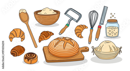Foto Various baked goods and baking tools arranged artfully on a white background, sh