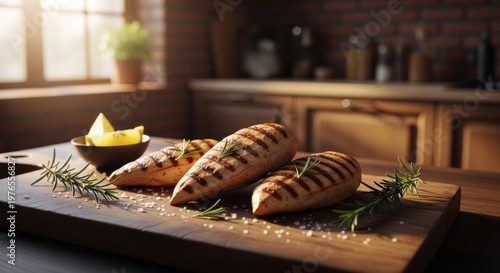 Delicious Grilled Chicken Breasts with Rosemary and Lemon on a Wooden Board.