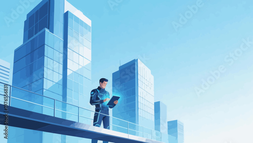 Man with tablet on urban balcony