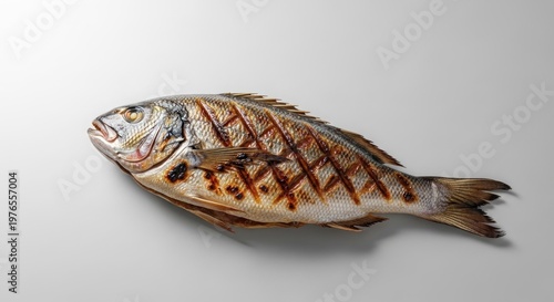 Delicious Grilled Whole Fish with Crosshatch Grill Marks on White Background.