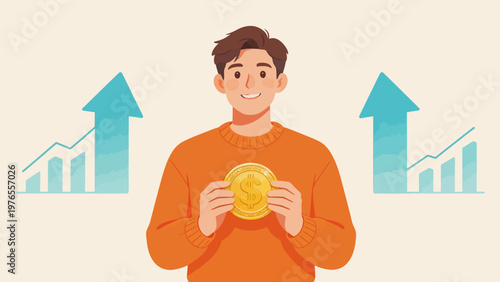 Man holding golden coin with growth charts