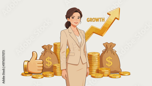 Businesswoman with money and growth arrow