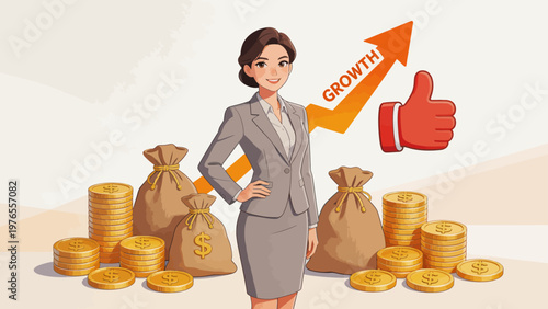 Businesswoman with money bags and growth arrow