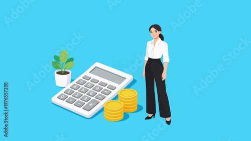 Businesswoman with calculator and coins