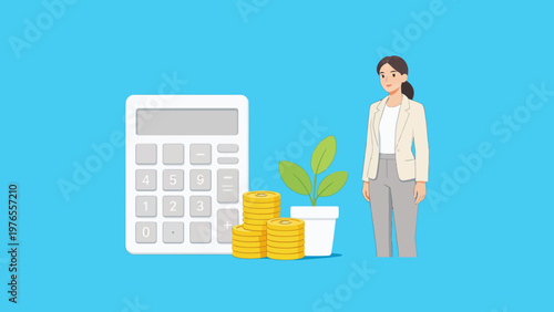 Businesswoman with calculator coins and plant