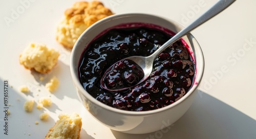 Delicious Homemade Blueberry Jam Served with Fluffy Scones.