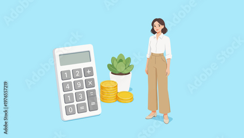 Woman with calculator coins and plant
