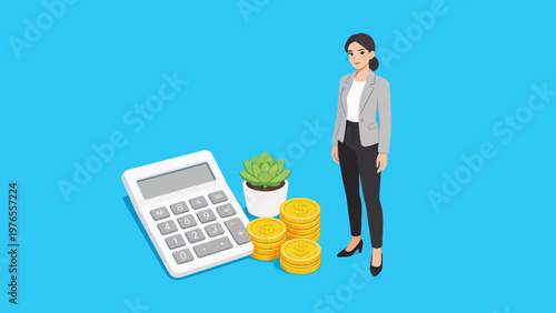 Businesswoman with calculator coins and plant