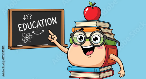 Smiling Book Character with Apple on Head Teaching Education