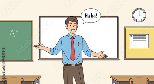 Smiling teacher in classroom with whiteboard and blackboard, education concept
