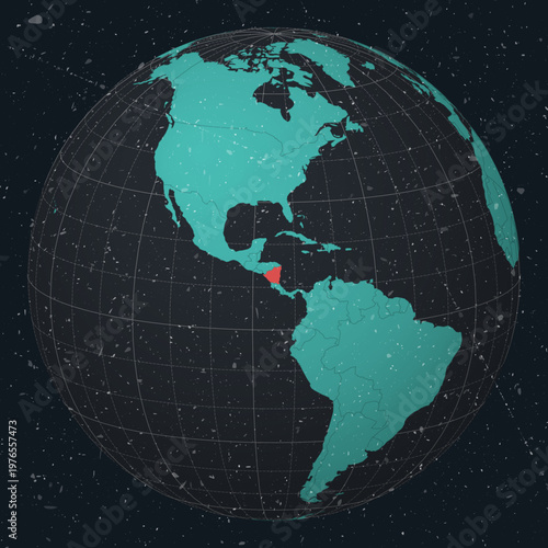 Nicaragua on Globe. Vintage look with grunge scratched texture. Country view on world map in Dark Charcoal Turquoise color palette. Nicaragua shape on map. Globe with meridians and parallels.