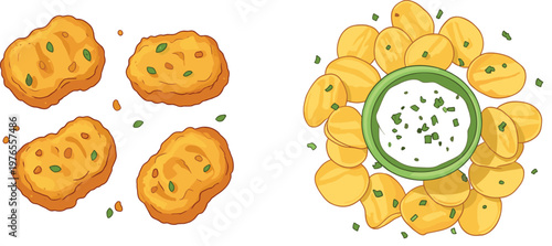 Fried potato snacks and chips illustration featuring crispy nuggets, sliced chips with dip sauce, and garnish in detailed food vector style