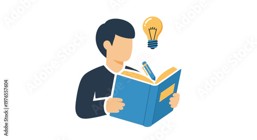 Student Reading Book with Lightbulb Idea Icon, Education Concept