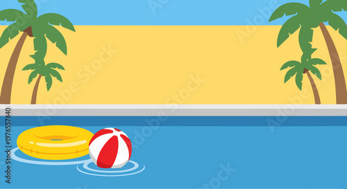 Summer swimming pool background with palm trees, yellow floating ring and beach ball, flat vector illustration of poolside relaxation with copy space for vacation and travel banners