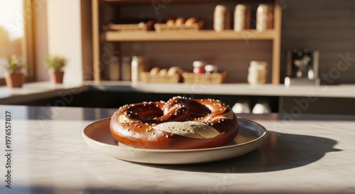 Delicious Pretzel on a Plate in a Bright Kitchen Setting.