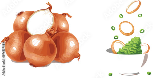 Onion illustration featuring whole bulbs, cut half, and onion rings with lettuce garnish in fresh food vector design style