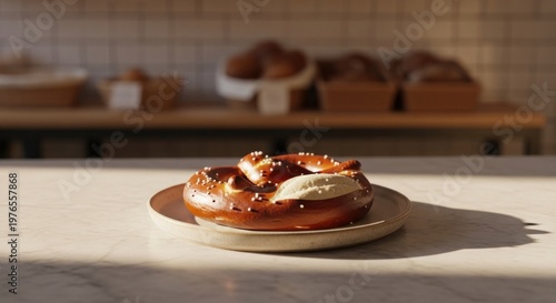 Delicious Pretzel with Cream Cheese Filling on a Plate.