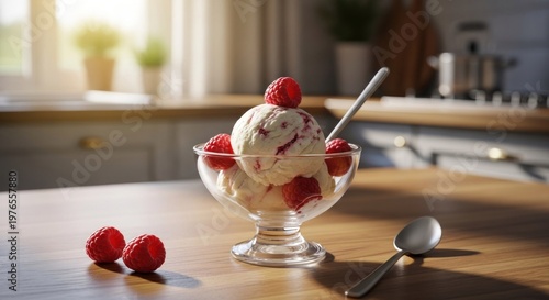 Delicious Raspberry Ice Cream Sundae in a Glass Bowl with Fresh Berries.