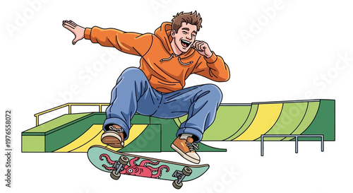 Teenager Skateboarder Jumps in Skatepark