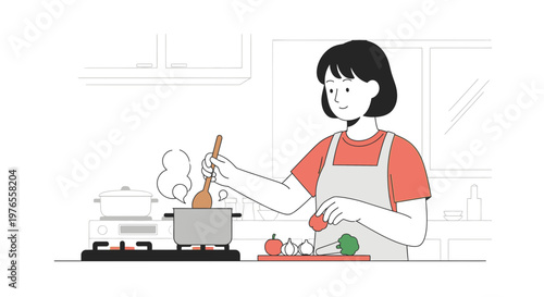 Woman cooking healthy food in kitchen, stirring pot on stove, fresh vegetables