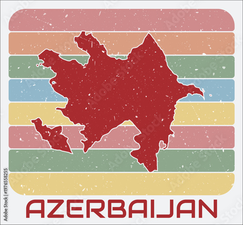 Azerbaijan vintage logo. Shape of the country on retro colored stripes background. Azerbaijan map design with grunge scratch texture. Vector illustration.