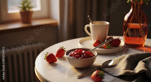 Delicious Strawberry Jam and Fresh Berries on a Table.