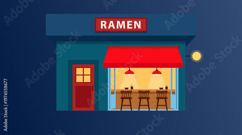 Glowing warmly against a dark blue night sky, a quaint ramen shop features a bright red awning, a matching door, and an inviting open window displaying three wooden stools lined at the dining counter