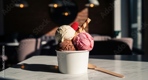 Delicious Trio of Ice Cream Scoops in a White Cup.