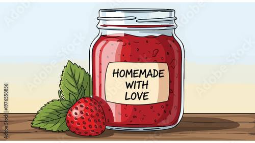 Homemade Strawberry Jam Jar Label, Fresh Fruit Preserve Illustration for Food Packaging