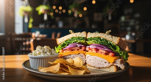 Delicious Turkey and Cheese Sandwich with Coleslaw and Chips.