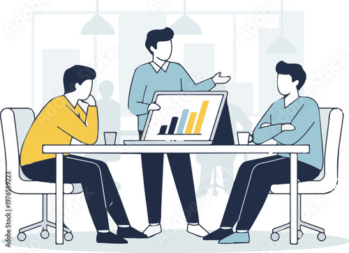 Business team in office meeting, discussing graphs on laptop, brainstorming ideas, collaboration concept