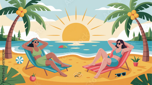 Beach Vacation, Tropical Getaway, Summer Relaxation, Palm Tree Paradise, Vector Illustration