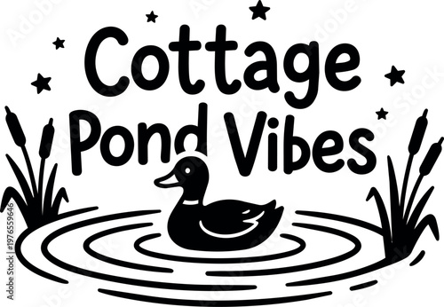 Cottage pond vibes duck floating in water with reeds and stars