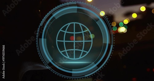 Shield popping starting cyber HUD over windshield dusk, scanning globe finding threats over driver