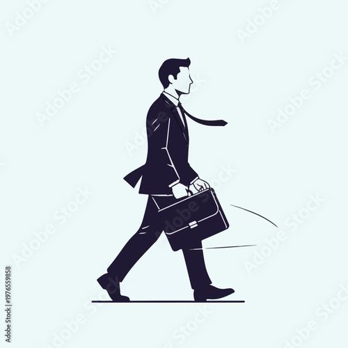 Business man in suit walking with briefcase, side view, clean background, dynamic movement illustration